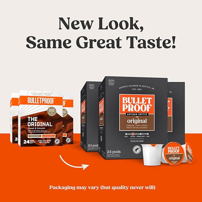 Bulletproof Original Medium Roast Single-Serve Pods, 72 Count, 100% Arabica Beans, Clean Coffee Tested for Toxins, Packaging May Vary