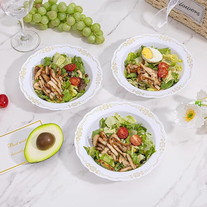 DaYammi 100 Pack Plastic Bowls with Gold Rim, 12oz Disposable Soup Bowls, Plastic bowls Disposable Heavy Duty Dinner bowls for Weddings, Parties, Catering and Everyday Use