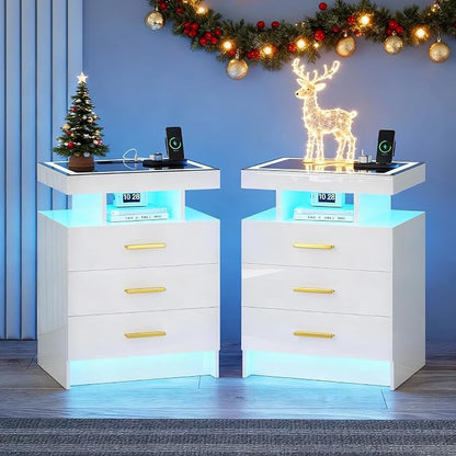 White Night Stand Set 2 with Wireless Charging Station, Smart Bedside Table by MDGC