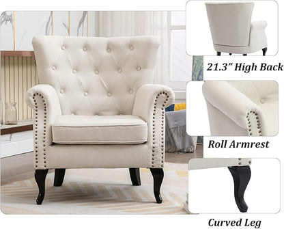 Set of 2 Mid-Century Modern Accent Chair, Linen Fabric Armchair w/Tufted - Image 6