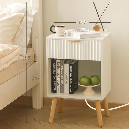 Fultyle White Nightstand with Charging Station, Mid Century Modern Bedside - Image 2