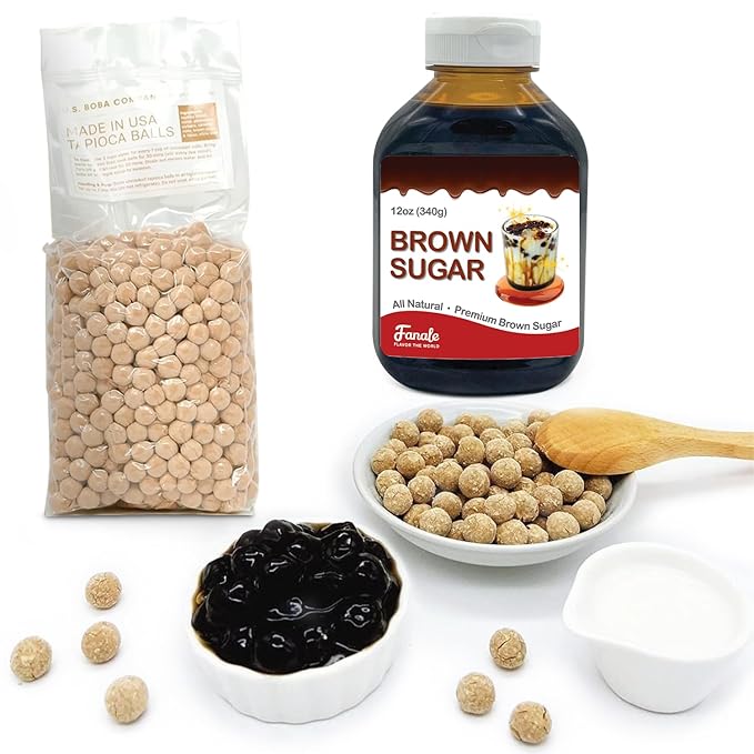 Fanale Brown Sugar Boba Tea Kit with Boba Pearls, US Boba Co Tapioca Pearl Made in USA 1 Pound, Brown sugar boba milk tea, Hand Crafted Brown Sugar Syrup 12 oz for Bubble Milk Tea Coffee Desserts