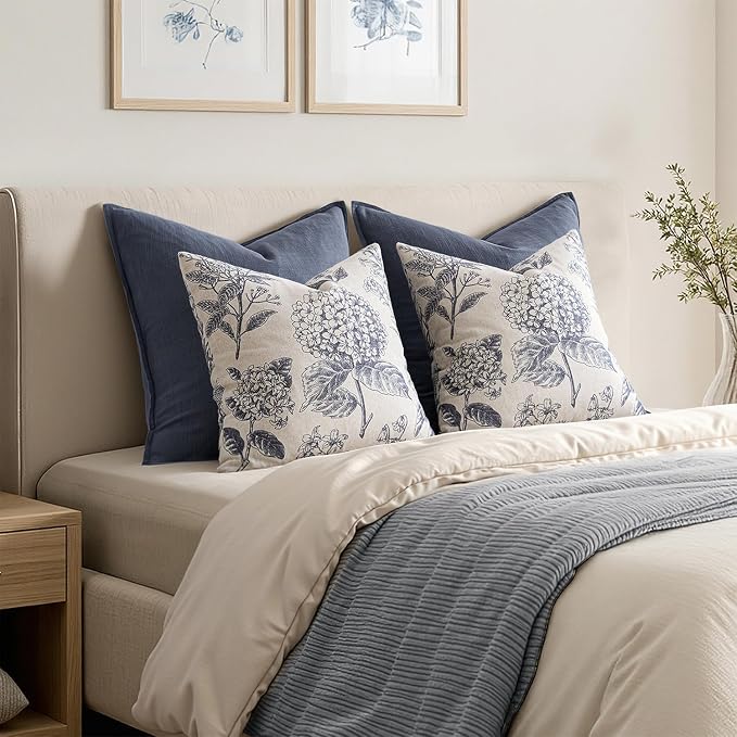 Set of 2 Decorative Floral Pillow Covers 22x22 Inch Navy Blue | Neutral - Image 6