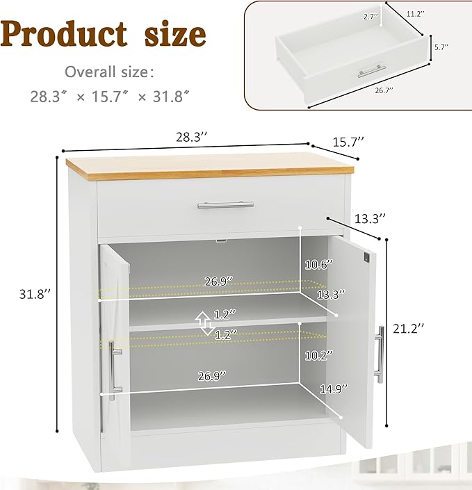 Vongrasig Sideboard Buffet with Storage, Modern Kitchen Storage Cabinet with 1 Drawer and 2 Doors, Wood Coffee Bar Buffet Table for Kitchen, Dining Room, White