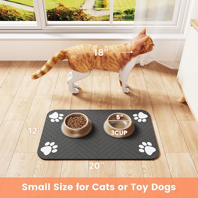 Pet Feeding Mat-Absorbent Pet Placemat for Food and Water Bowl, with Waterproof Rubber Backing, Quick Dry Water Dispenser Mat for Dog and Cat (12"x20", Coffee)