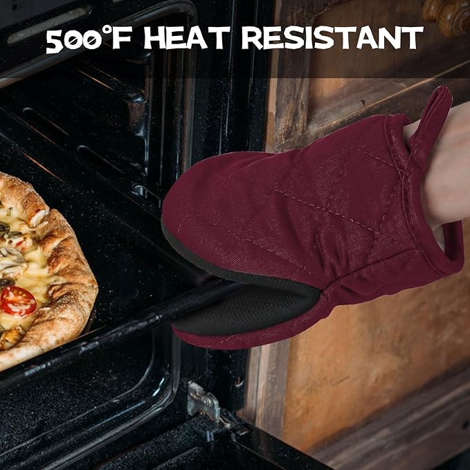 Oven Mitts and Pot Holders Set, Pack of 4, Heat Resistant Silicone Kitchen Mini Oven Mittens for 500 Degrees, Mini Oven Gloves and Hot Pads for Baking Grilling Barbecue Microwave Machine Washable