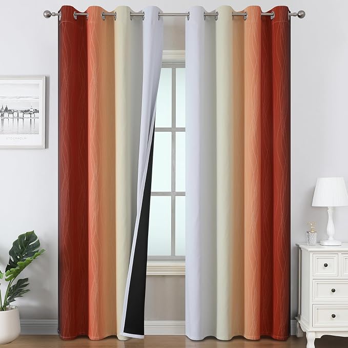 Burnt Orange and Greyish White Ombre Blackout Curtains 52Wx102L Inch Long | by ESTELARTEXTILER