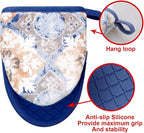 Mini Silicone Oven Mitts, Heat and Slip Resistant Kitchen Mittens 2-Pack Set, Vintage Carpet Flower Short Soft Oven Gloves, Flexible Thick Pot Holders for Safe Cooking Baking and (Dusty Blue)