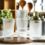 Glass Cocktail Shaker Set with Ribbed Glassware, Lids, and Straws - Elegant Bartender Kit for Whiskey, Cocktails - Dishwasher Safe, Perfect Home Bar Accessory (Glass Shaker + 3 Ribbed Glasses)