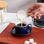 8oz Porcelain Stackable Cappuccino Cups with Saucers and Metal Stand Set of 4, Coffee Cups for Espresso, Specialty Coffee Drinks, Latte, Americano and Tea - Blue