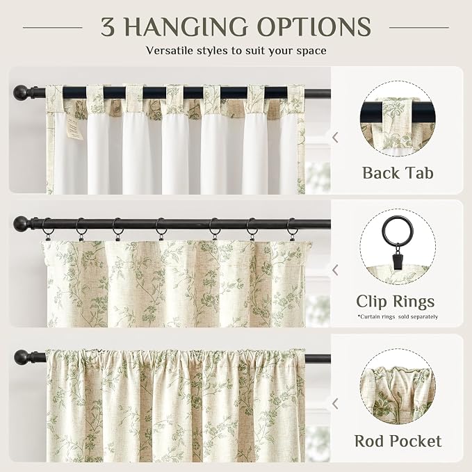 Blackout Vintage Floral Linen Curtains Green on Beige 50×96 2 Panels | Elisa - Image 8