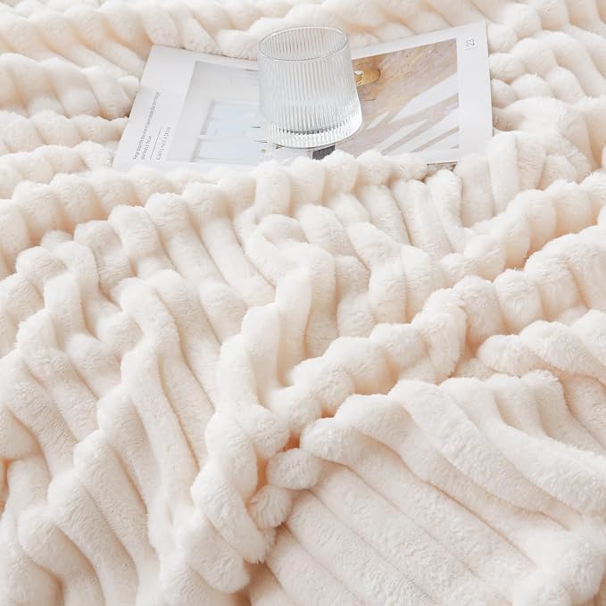 Cream White Throw Blanket for Couch Sofa 50x70 inches Striped Design | Fleece - Image 5