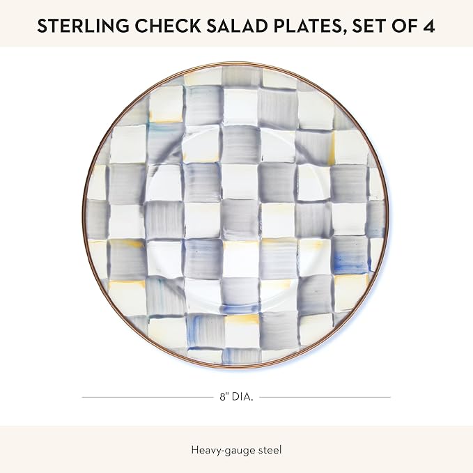 MACKENZIE-CHILDS Enamel Salad and Dessert Plate, Small Plate for a Dessert or Appetizer Dish, 8 Inches, Set of 4, Gray-and-White Sterling Check