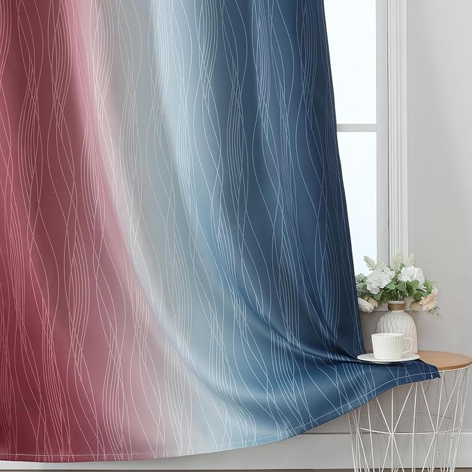 Navy Blue and Burgundy Red Ombre Blackout Bedroom Curtains 108 Inches Long | - Image 6