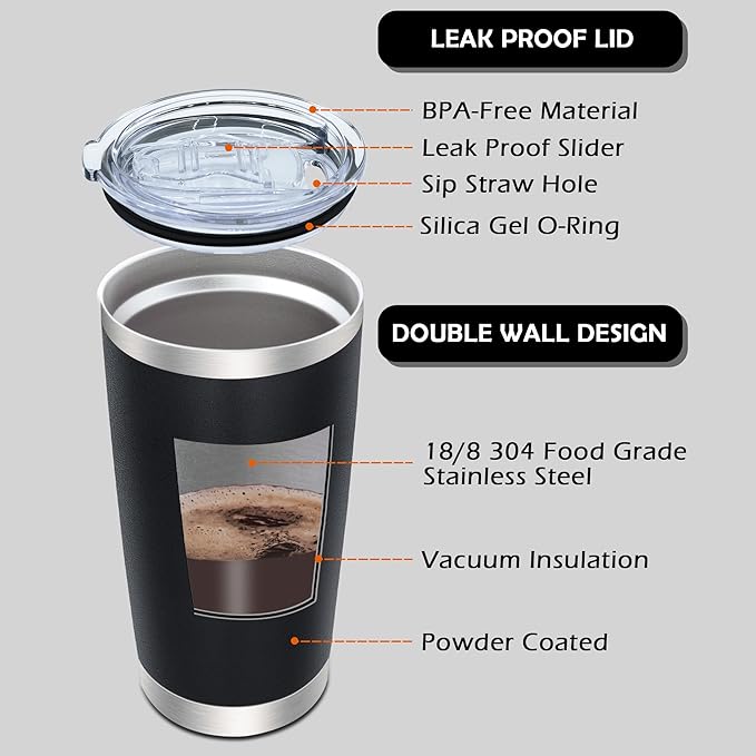 20oz Tumbler Bulk Stainless Steel Tumblers with Lid Vacuum Insulated Double Wall Travel Coffee Mug Powder Coated Tumbler Cup for Hot and Cold Drinks(Black, 1 pack)
