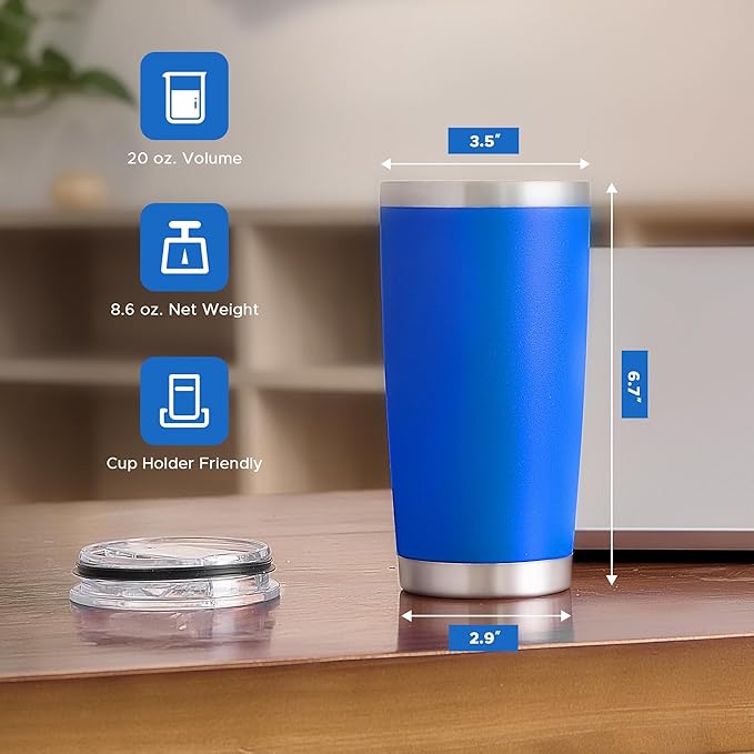 OMTech 20oz Tumblers Bulk, 12pc Stainless Steel Tumbler Set with Lid & Straw, Double Wall Vacuum Insulated Mug for Laser Engraver, Travel Coffee Mug for Hot & Cold Drinks, Navy Powder Coated Cup