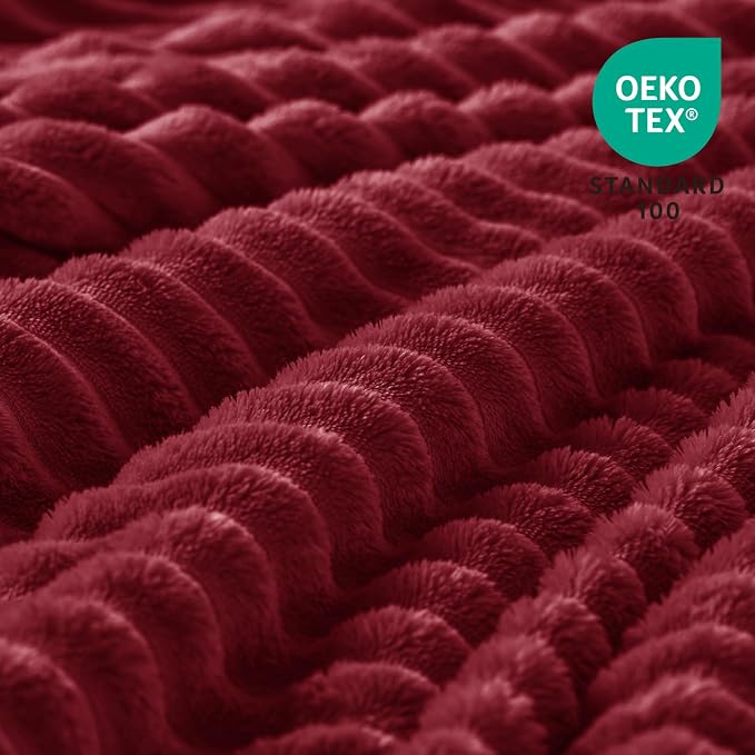 BEDELITE Ribbed Jacquard Burgundy Fleece Twin Blanket - Image 3
