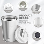 Volhoply 13 oz Stainless Steel Insulated Travel Coffee Mug with Fip Lid Bulk 2 Pack,Reusable Double Wall Vacuum Metal Coffee Cup,Portable Leak Proof Thermal Tumbler for Hot & Cold Drinks(White,2)
