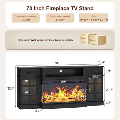 MXV 70" Fireplace TV Stand, 3-Sided Glass Fireplace and Modern Entertainment - Image 2