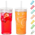 Glass Cups With Lids and Glass Straws，20 OZ High Borosilicate Glass Tumbler Iced Coffee Water Smoothie…