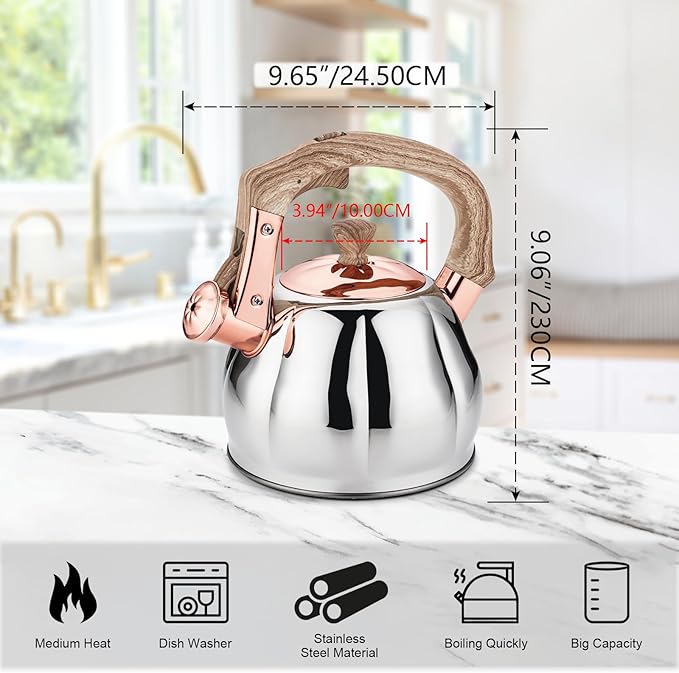 Stainless Steel Tea Kettle for Stove Top Teakettles Stovetop Whistling with Heat Proof Ergonomic Handle 2.5 Quart