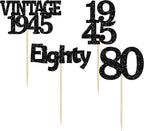 Gyufise 24Pcs Vintage 1945 Cupcake Toppers Glitter Cheers to 80 Fabulous Eighty Cupcake Picks 80th Birthday Wedding Anniversary Party Cake Decorations Supplies Black