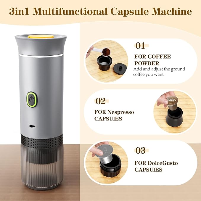3-in-1 Portable Espresso Maker, Travel Coffee Maker, Self-Heating Car Coffee Maker with USB-C, Small Espresso Machine with Ground Coffee & Capsules (NS＆DG) for RV, Hiking, Office (silver)