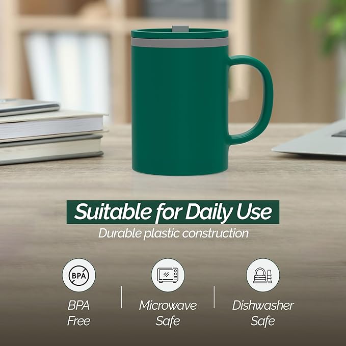 Copco Iconic 16oz Double Wall Insulated Desk Mug with Lid & Handle, Set of 2, BPA-Free Reusable Plastic, Spill-Proof, Microwave & Dishwasher Safe, Wide Mouth, Cup Holder Friendly (Green/Hunter Green)