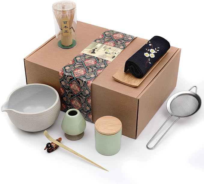 Artcome Japanese Matcha Tea Set, Bowl with Pouring Spout, Whisk, Tea Scoop, Ceramic Whisk Holder, Matcha Powder Caddy, Handmade Matcha Ceremony Kit For Japanese Tea Ceremony (9Pcs)