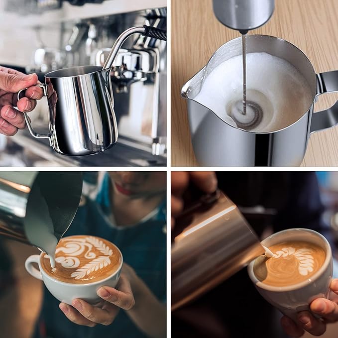 Milk Frothing Pitchers 20 oz, Stainless Steel Espresso Steaming Pitcher with Decorating Pen Coffee Milk Frother Cup with Scale Cappuccino Latte Art Barista Steam Pitchers Milk Frother Cup