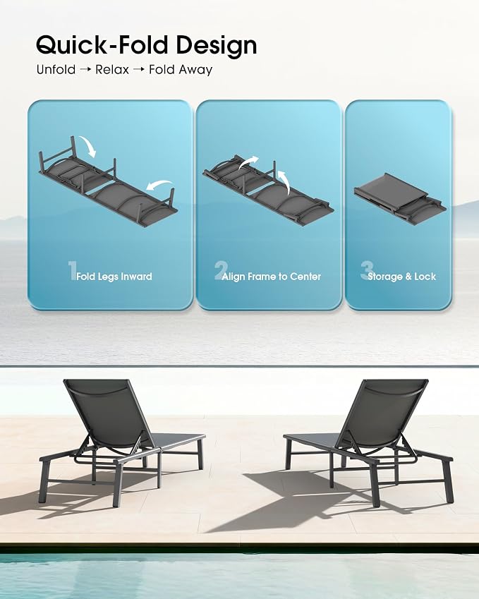 Ciokea Foldable Outdoor Lounge Chair Set of 4, No Assembly Aluminum Chaise - Image 3