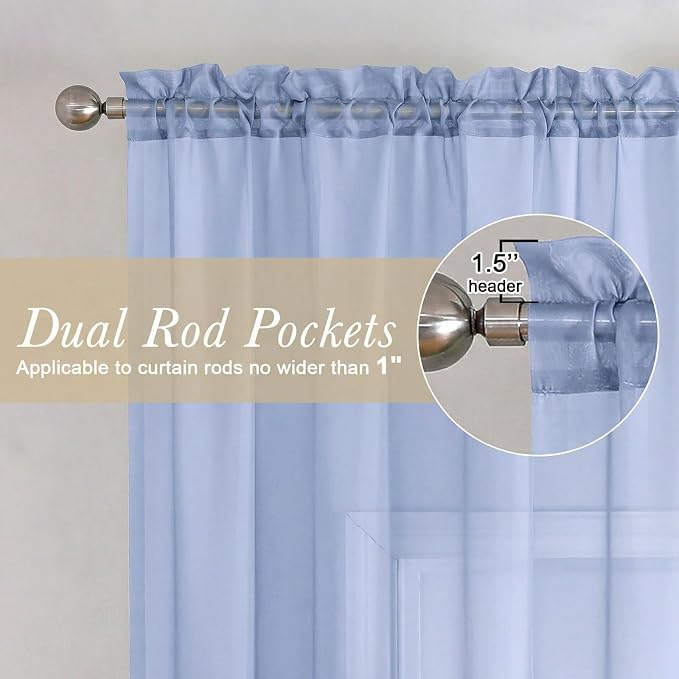 Denim Blue Sheer Curtains 63 Inch Length 2 Panels, Light Filtering Voile - Image 5