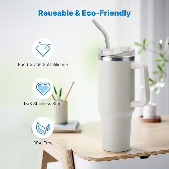 Metal Straw with Silicone Tip for 30oz Stanley Cup, 2 Pcs Stainless Steel Straws Replacement for Stanley 30 oz Adventure Quencher Travel Tumbler Cup, 1 Straw Brush (Cream Grey)