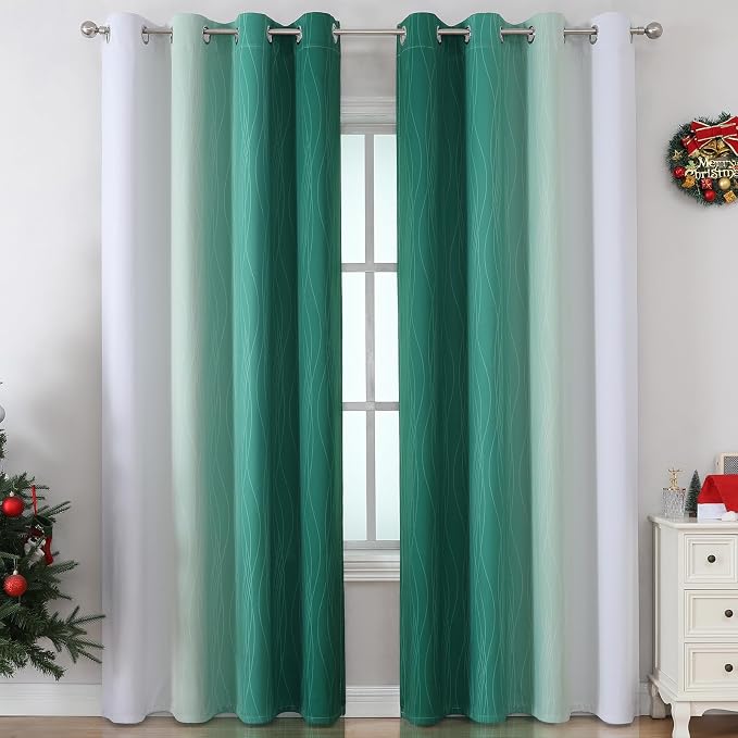 Green and Greyish White Blackout Curtains 52Wx84L 2 Panels | Ombre Curtains - Image 2