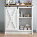4ever2buy Farmhouse Coffee Bar Cabinet with Storage, White Coffee Bar with Hutch and 6 Hooks, 31.5 Inch Hutch Cabinet with Sliding Barn Door and Adjustable Shelves for Living Room
