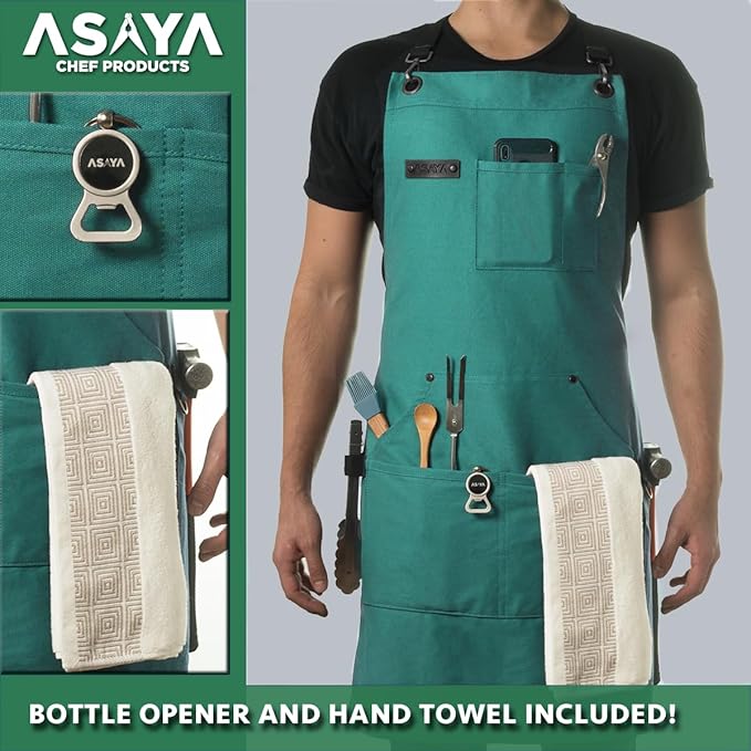 Asaya Chef and BBQ Apron with Bottle Opener and Hand Towel - 10oz Cotton Canvas, Stainless Steel Hardware - Cross Back Straps