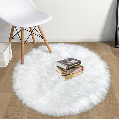 White Faux Fur Rug 2x2 Feet Small Round Fluffy Rug, Faux Sheepskin Circle Shag - Image 3
