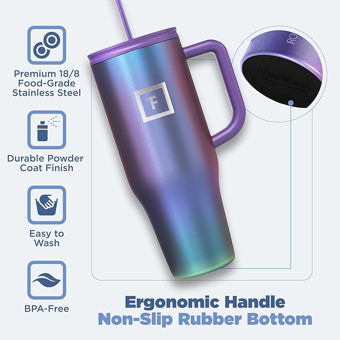 IRON °FLASK Co-Pilot Insulated Mug w/Straw & Flip Cap Lids - Cup Holder Bottle for Hot, Cold Drink - Leak-Proof - Water, Coffee Portable Travel Mug - Apple Green, 40 Oz