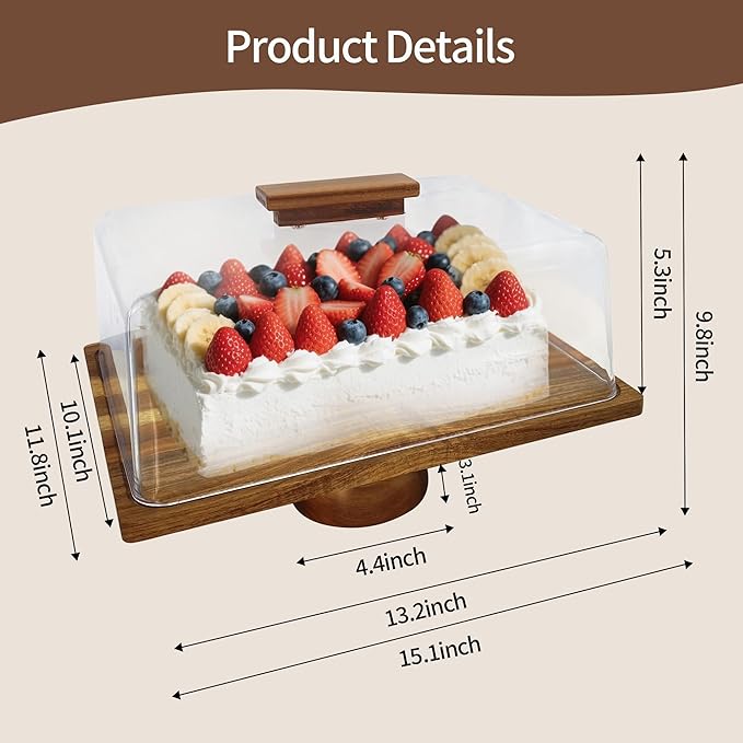 Wood-Rectangular-Cake-Stand with Acrylic Dome Lid, Wooden Cake Holder Plate with Cover, 2-in-1 Dessert Table Display Set for Party, Charcuterie Board for Cheese, Chips & Dips, Nachos, Fruit Platter