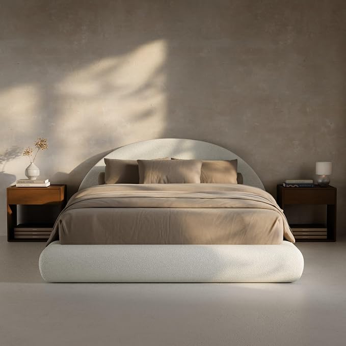 RECCI AirFrame Half-Moon Upholstered Queen Platform Bed Frame, Boucle Curved by RECCI
