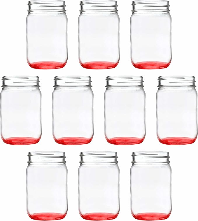DISCOUNT PROMOS Decorating Mason Jars 12 oz. Set of 10, Bulk Pack - Glass Jars for Overnight Oats, Candies, Fruits, Pickles, Spices, Beverages - Red