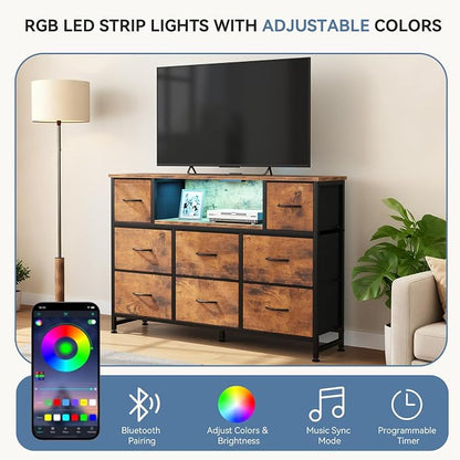 DUMOS TV Stand Dresser with 8 Fabric Drawers and Open Shelves, LED - Image 4