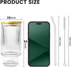 2 Pcs 16oz Glass Cups with Lids and Straws Ribbed Vintage Iced Coffee Glasses for Tea Iced Coffee Soda Cocktail Smoothie(Ribbed*2)