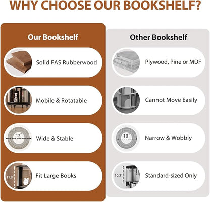 Muwuele Solid Wood Rotating Bookshelf on Wheels, 5 Tier, Round Revolving - Image 6