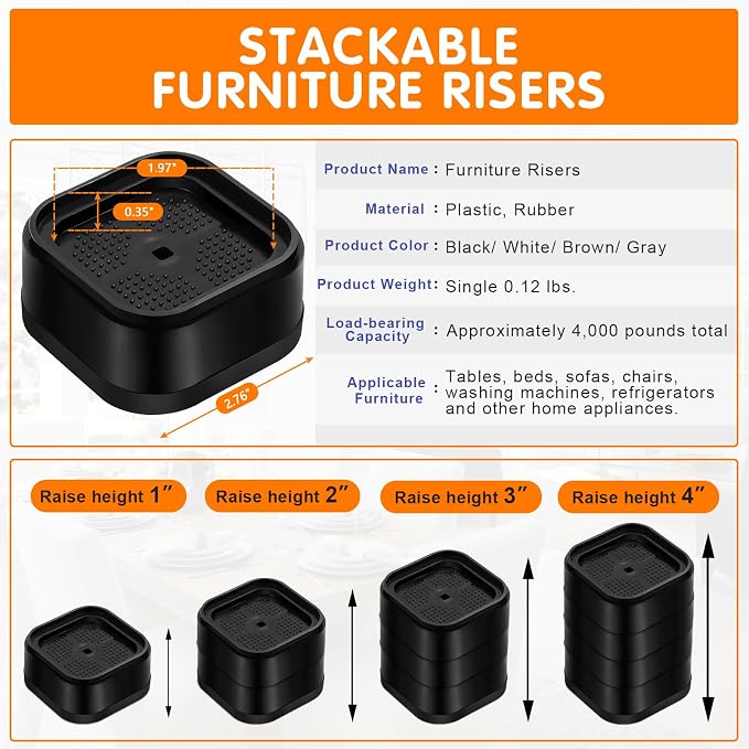 Furniture Risers Adjustable Bed Risers Heavy Duty Lifts Height 3", Square - Image 2