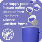 happy coffee dark roast coffee pods, 60 count, notes of cocoa & contentment, compatible with most K-cup brewers, rainforest alliance certified