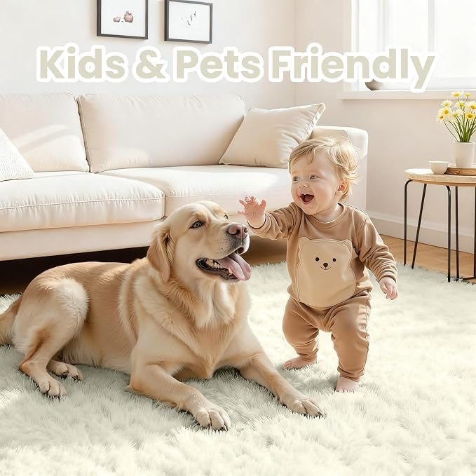 5x8 Fluffy Shag Area Rugs for Living Room Bedroom: Soft Carpet Cream White | - Image 4