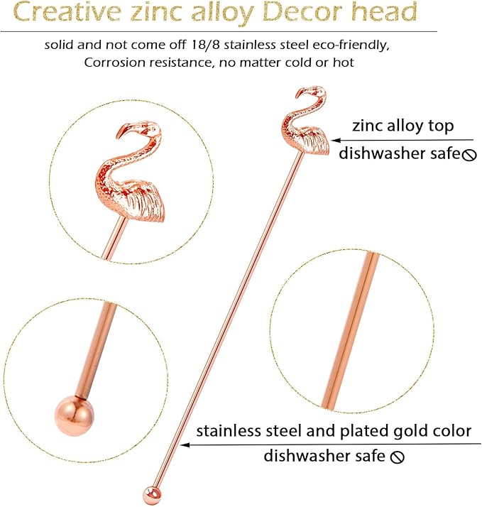 4 Pcs Flamingo Cocktail Stirrers Swizzle Sticks Stainless Steel 7.28" Coffee Stir Sticks with Decor Top for Mixing Cocktail, Hot Cocoa, Creamer, Rose Gold
