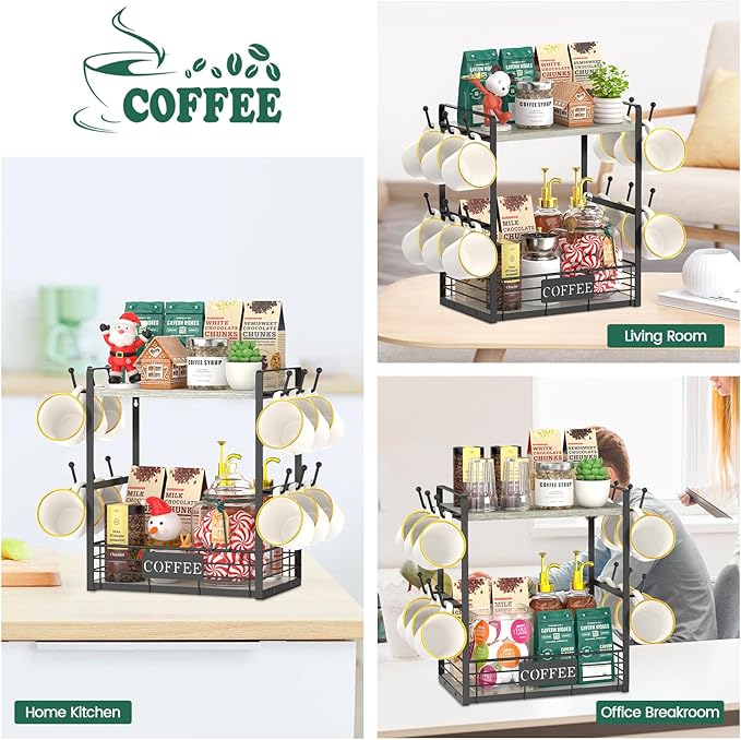 EsLuker.ly Coffee Mug Cup Holder Stand Bar Station Organizer for Countertop, Multi-Functional 2 Tier Mug Tree Rack for Kitchen, Storage Shelf with 12 Hooks, Light Grey-Black(Patented Design)