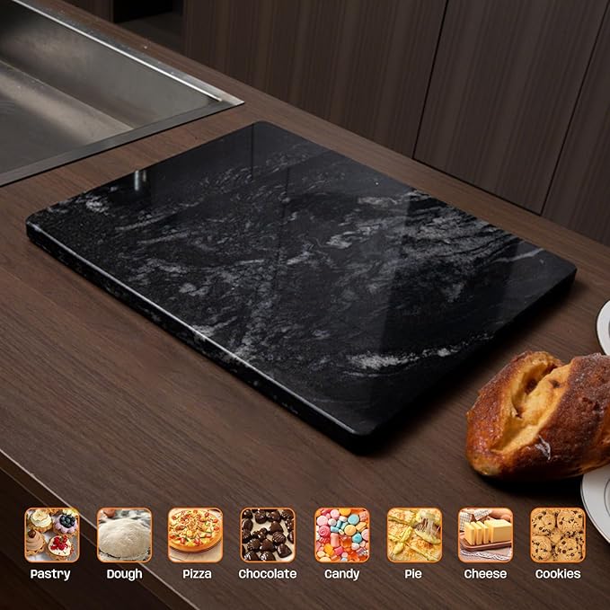 Black Marble Cutting Board For Kitchen, Large Marble Slab Pastry Board With Non-Slip Feet For Baking, Cheese, Charcuterie, Chocolate, 16x20 Inch